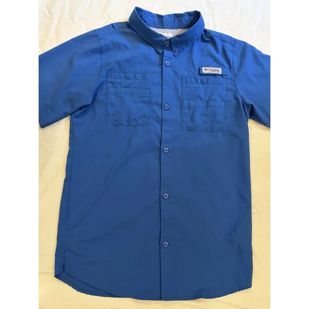 Columbia PFG Boys Blue Solid Short Sleeve Button-Up Shirt Collared XL 18/20 Omni